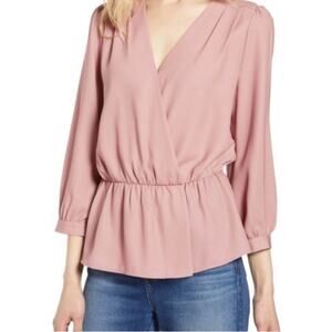 Halogen | Wrap Front Peplum Blouse Top V-neck Long Sleeves Light Pink Small